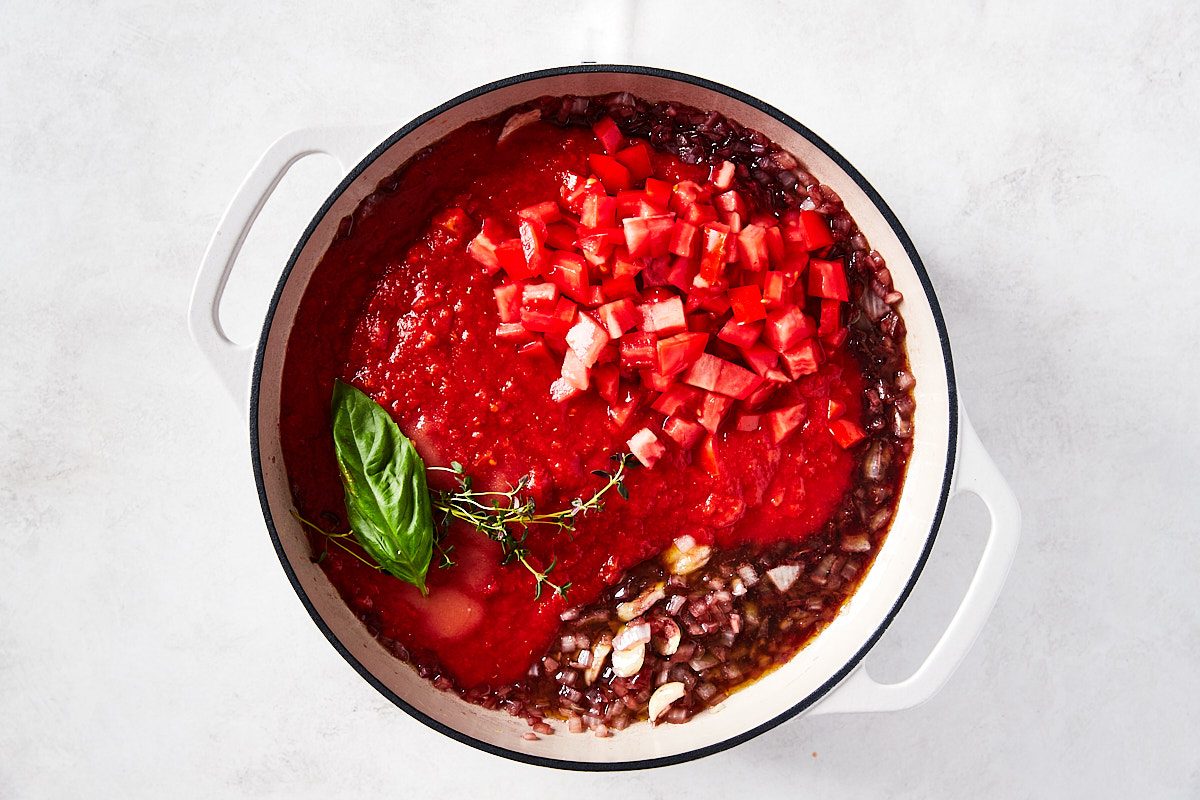 Red Wine Pasta Step 2- all ingredients added to skillet