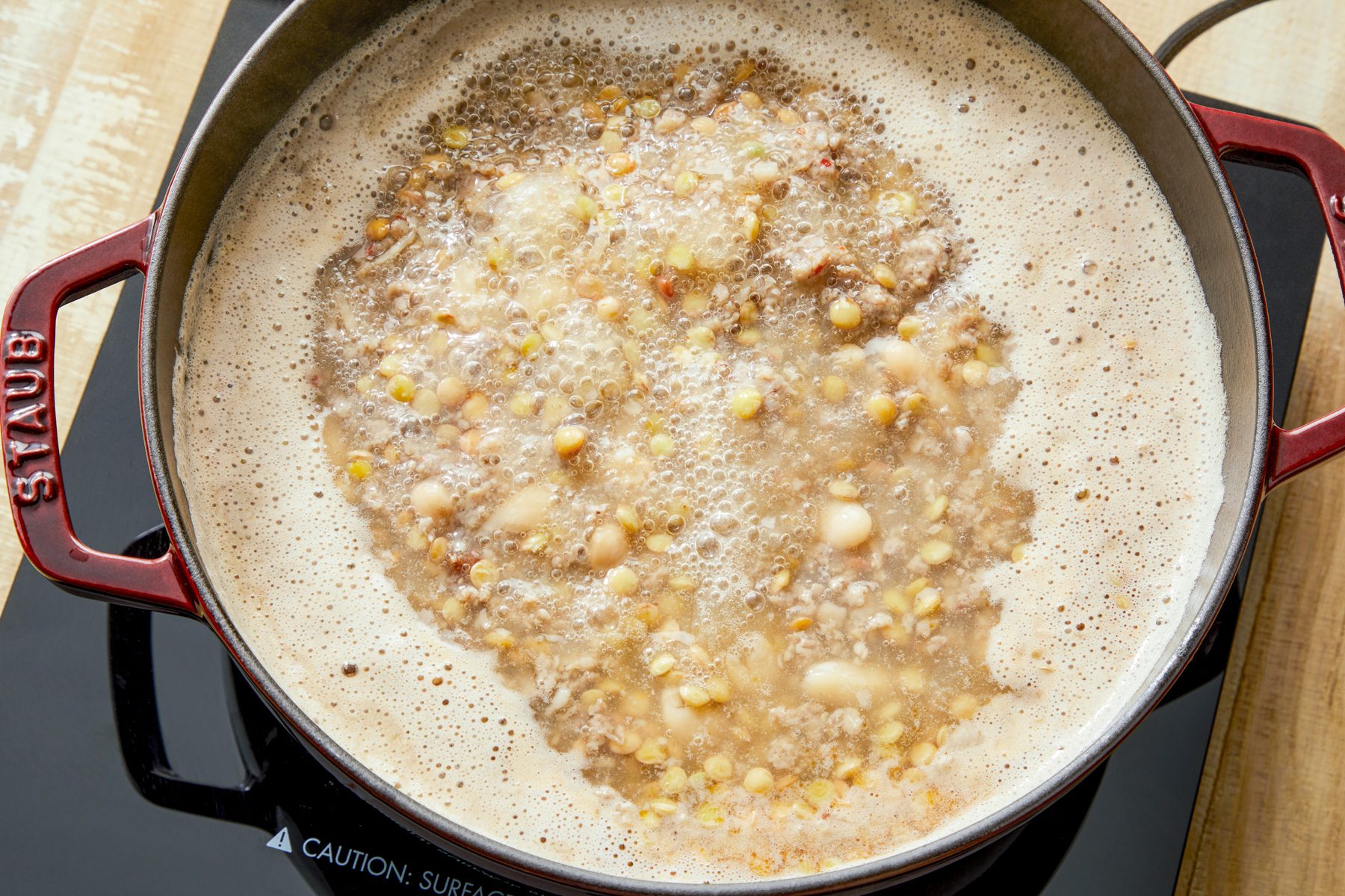 overhead shot; Bring to a boil