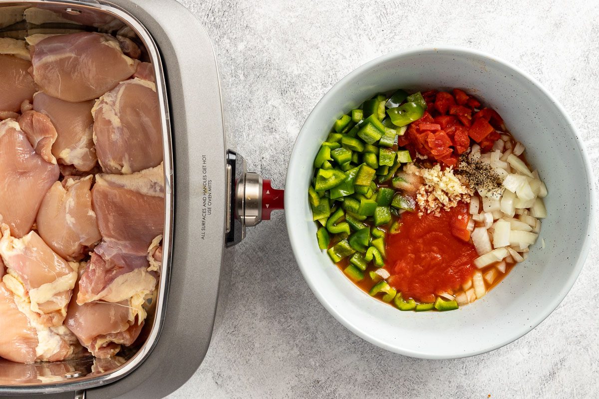 Taste of Home Slow Cooker Chicken Cacciatore recipe photo of the chicken in a slow cooker and the sauce ingredients in a mixing bowl.