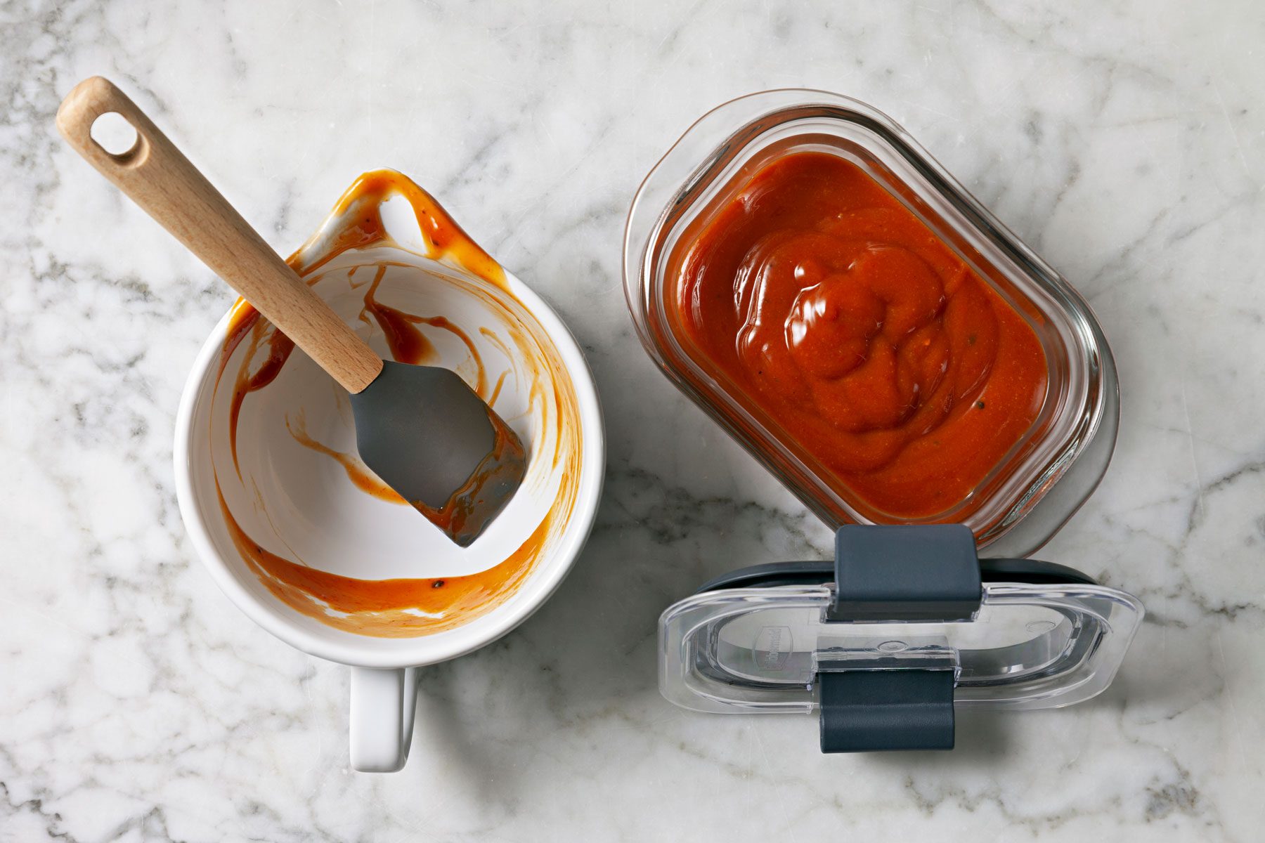 Steak Sauce being transferred to an air-tight container.