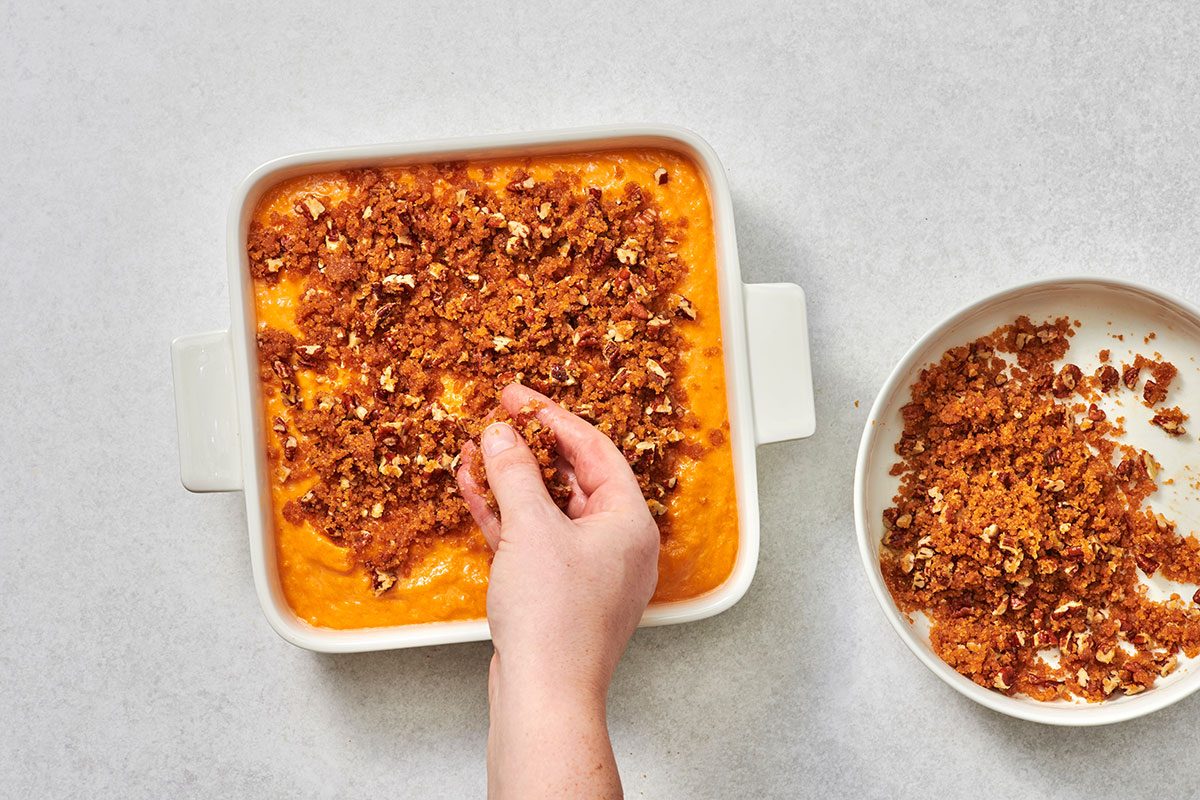 Add the pecan topping and bake