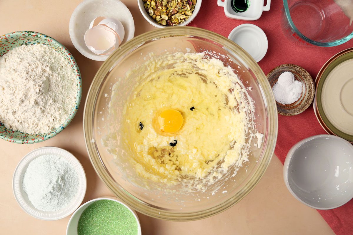 The process of making the cookie dough for Taste of Home's Pistachio Cookies.