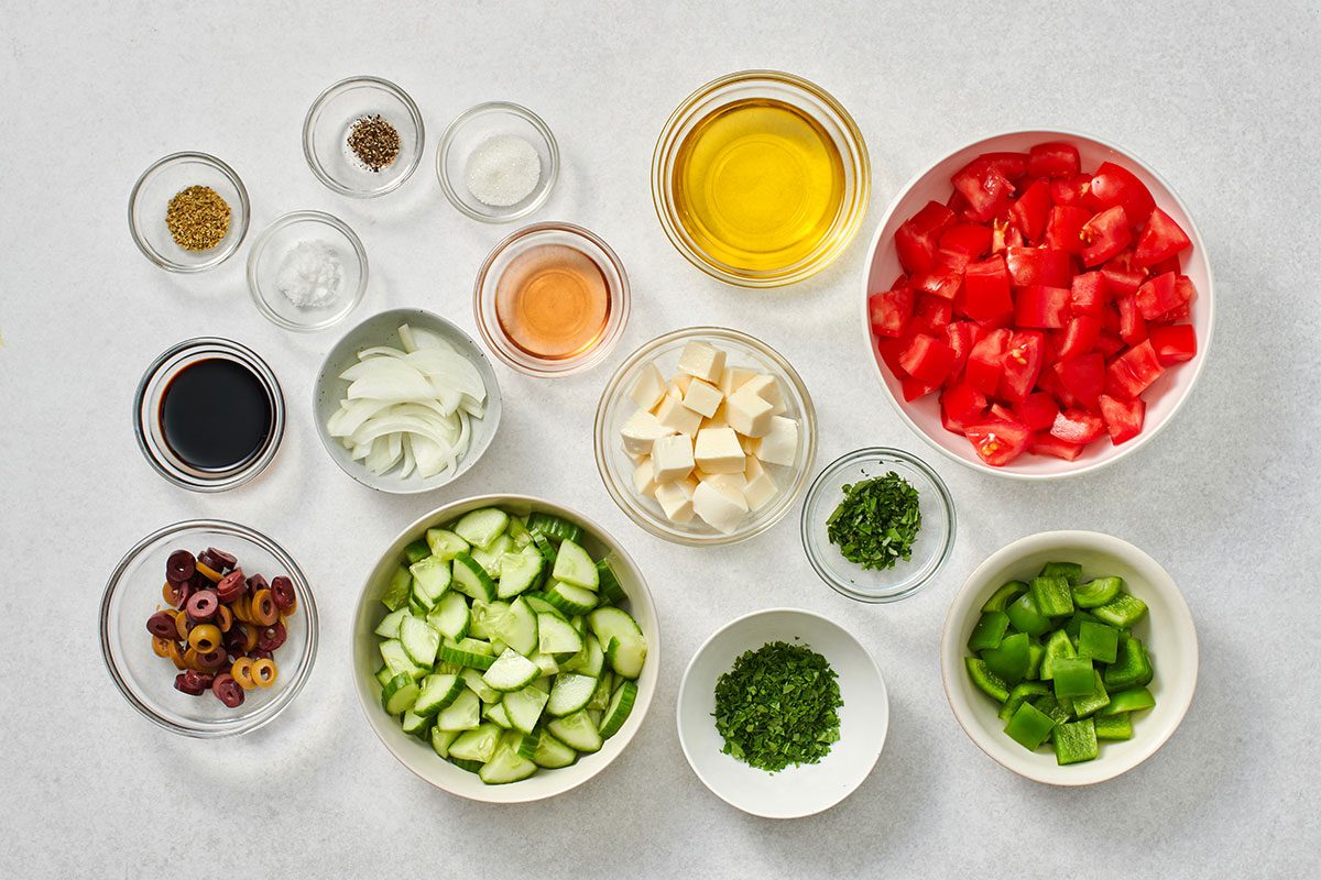 Tomato Cucumber Mozzarella Salad in a serving bowl
