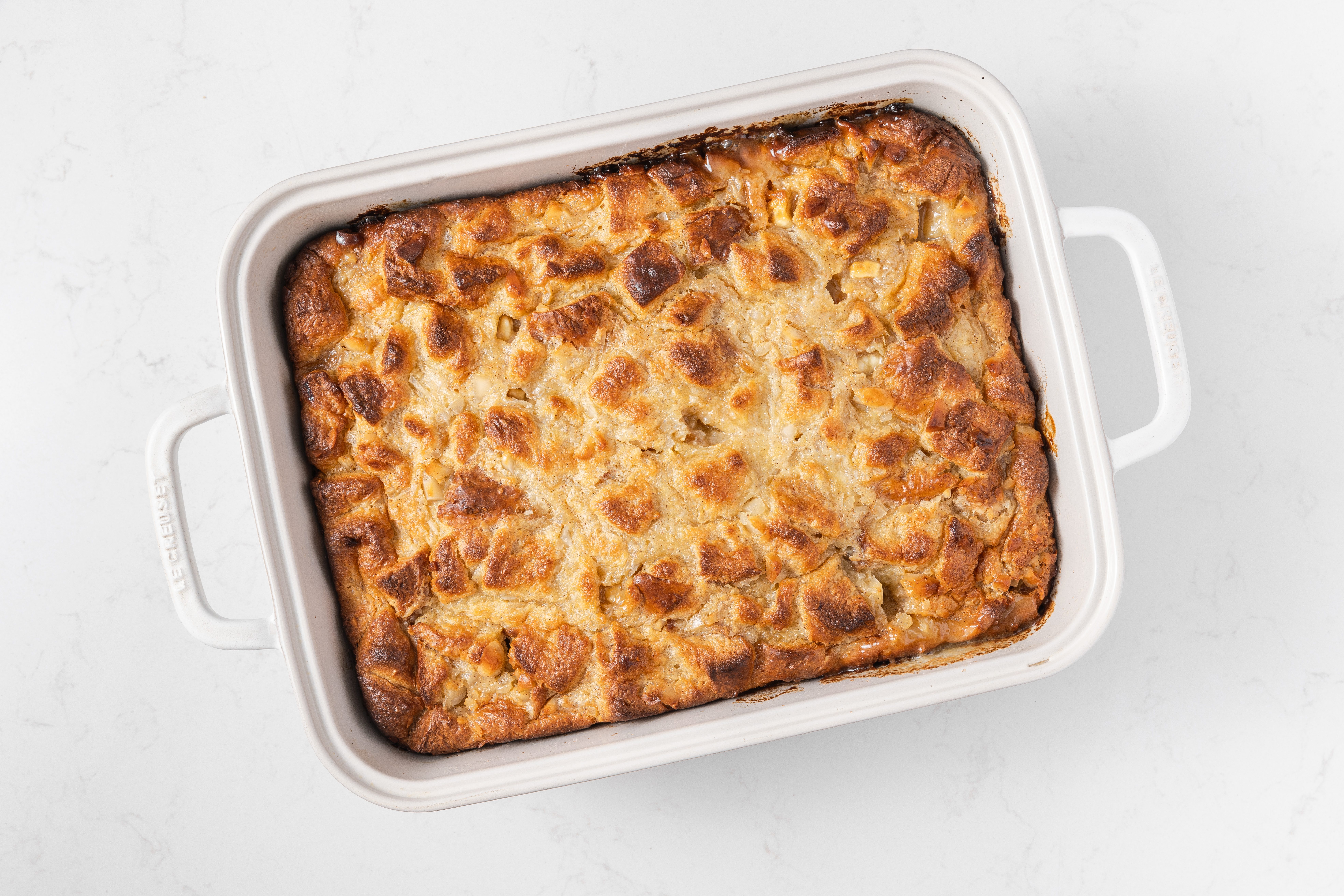 White chocolate bread pudding baked.