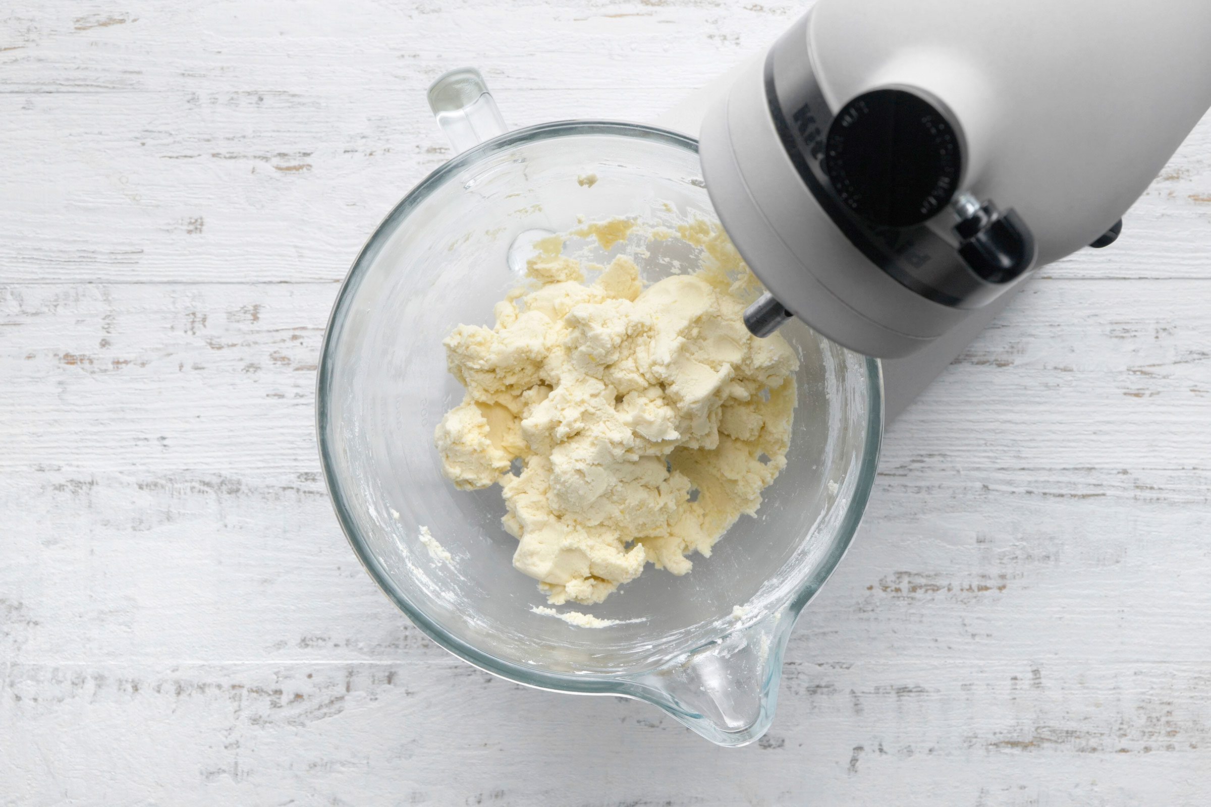 Cookie dough ball by adding flour mixture and mixing on low speed