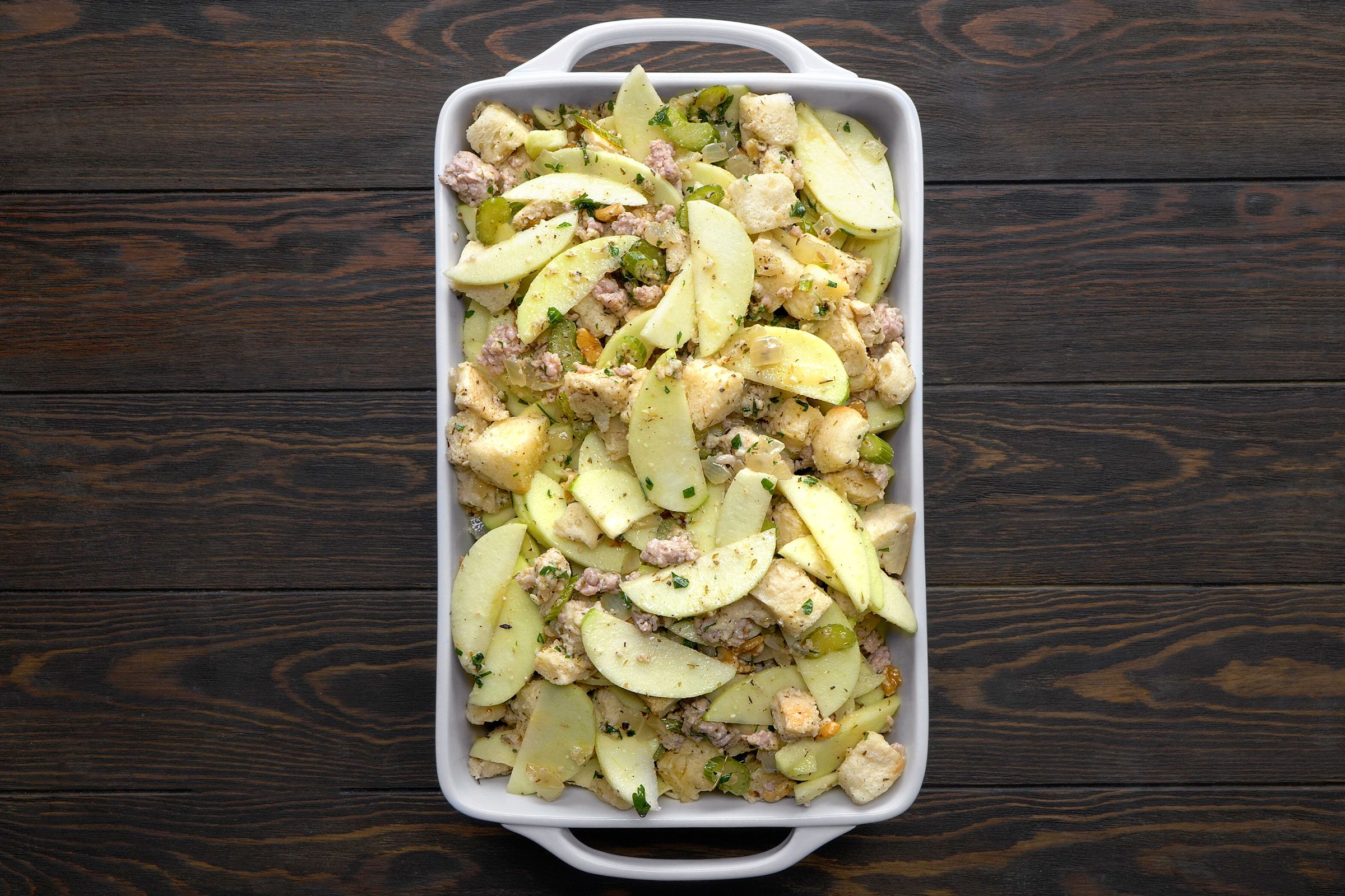 Greased 3-quart baking dish for apple sausage stuffing