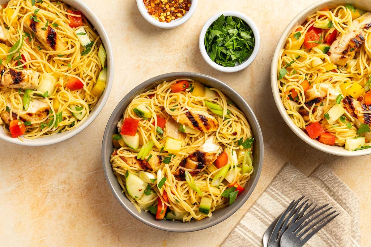 Asian Pasta Salad served in a bowl