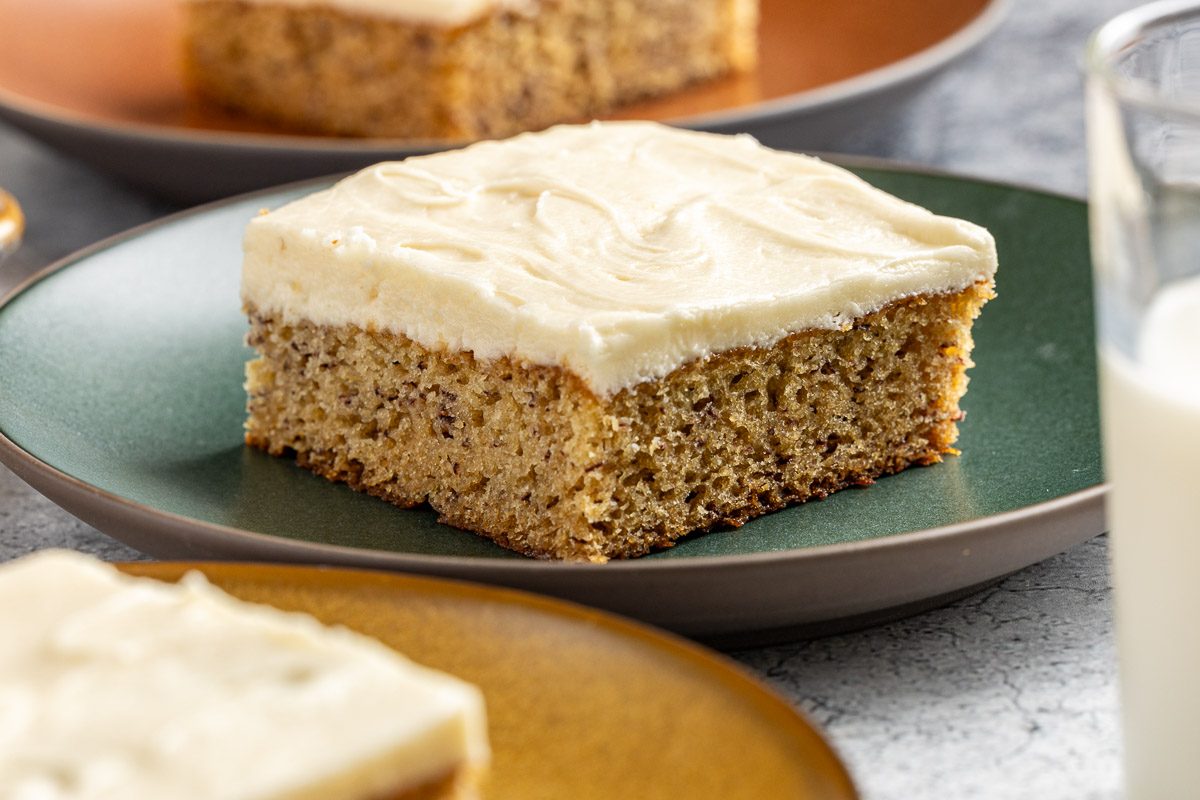 Taste of Home Banana Bars photo of the finished recipes cut into squares and placed on plates.