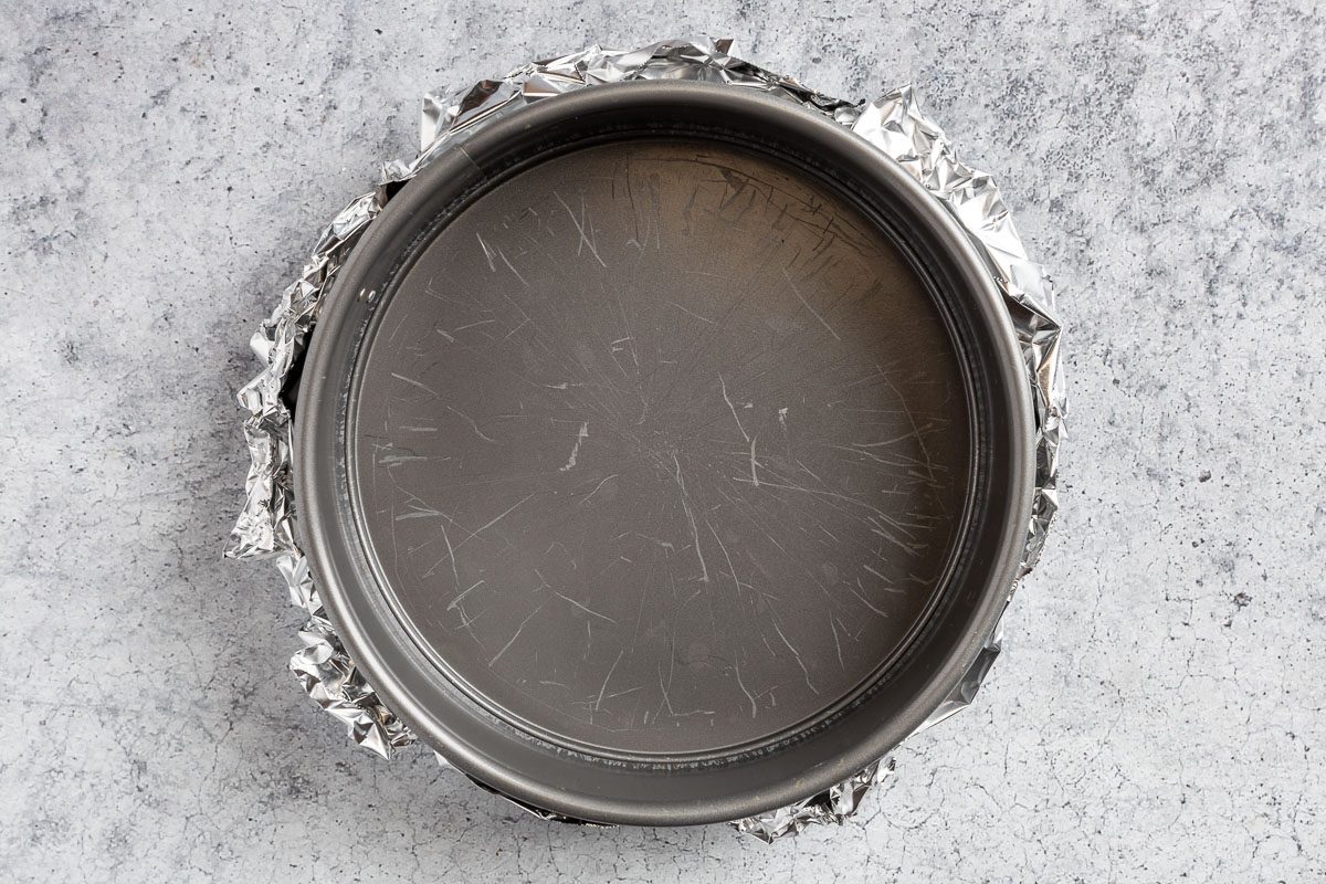 Taste of Home Birthday Cheesecake photo of the aluminium foil wrapped springform pan.