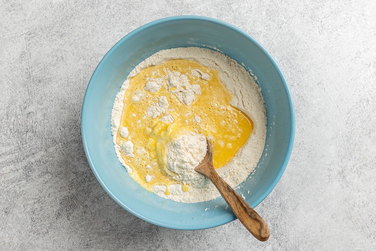 wet and dry ingredients in a mixing bowl.