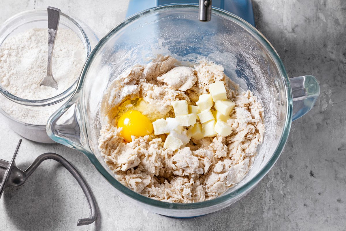 Gradually Mix In 3 2/3 Cups Flour, Egg, Butter And Salt.