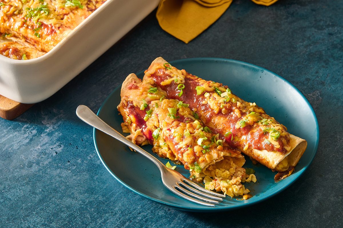 Closeup shot of a plated portion of breakfast enchiladas