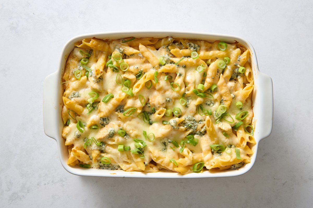 Baked casserole topped with chopped green onions
