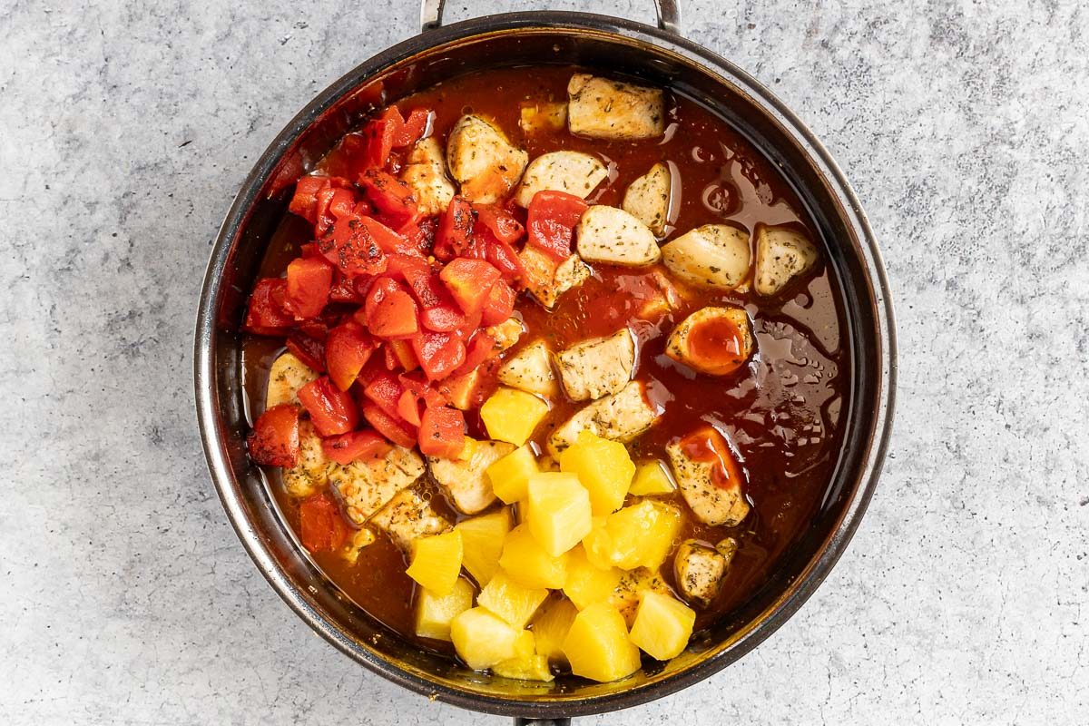 skillet with added tomatoes, pineapple and barbecue sauce.