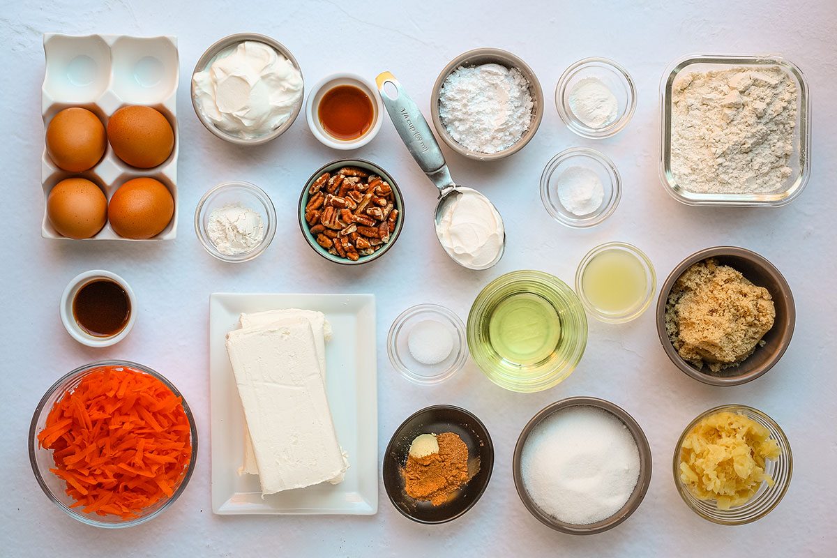 Ingredients for a carrot cake cheesecake.