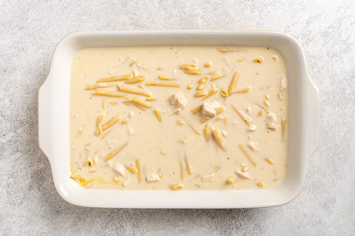 Taste of Home Chicken Alfredo Casserole photo of mixing the casserole ingredients.