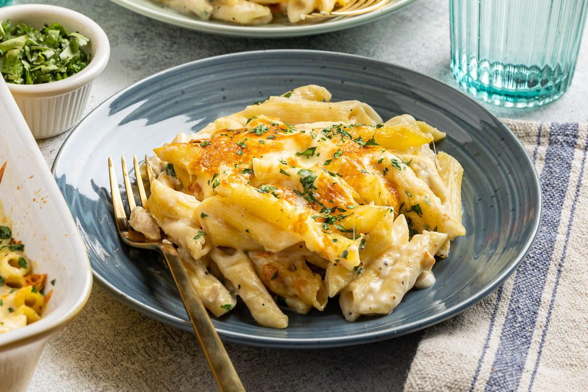 Taste of Home Chicken Alfredo Casserole photo of the finished recipe.