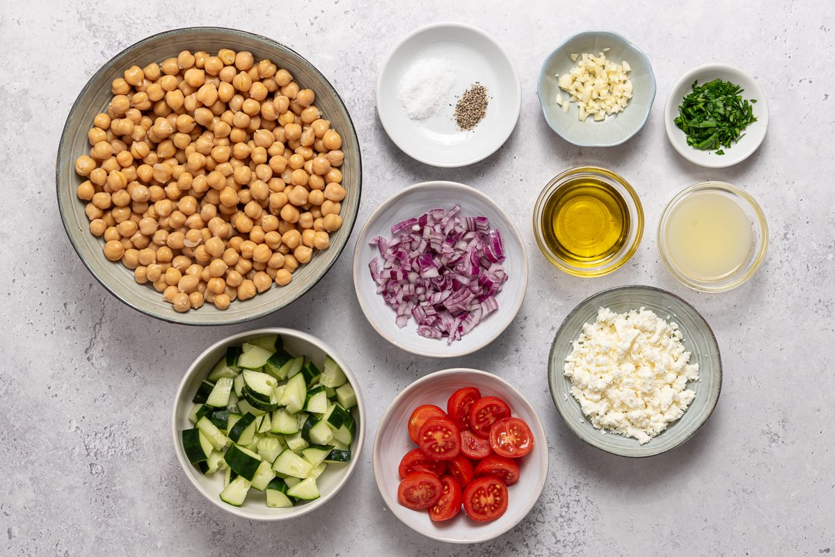 Ingredients To Make Chickpea Salad Inside Bowls