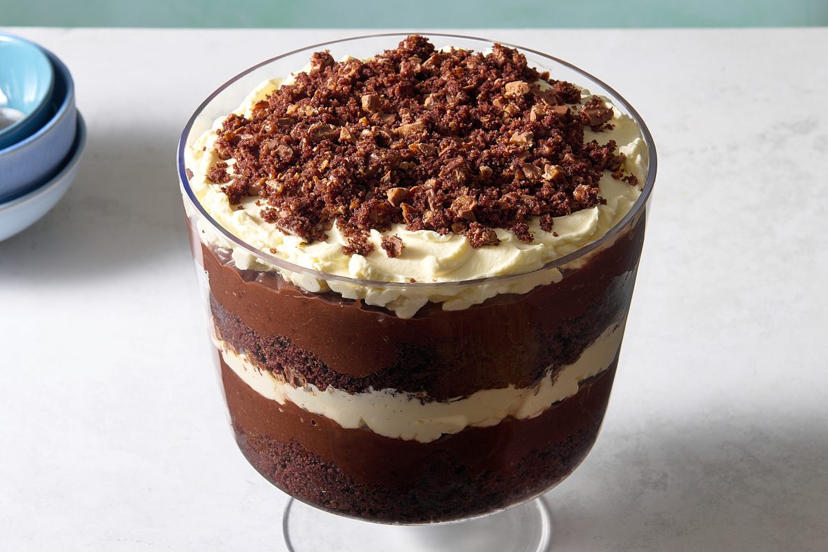 Angled shot of the chocolate trifle showcasing the topping and layers
