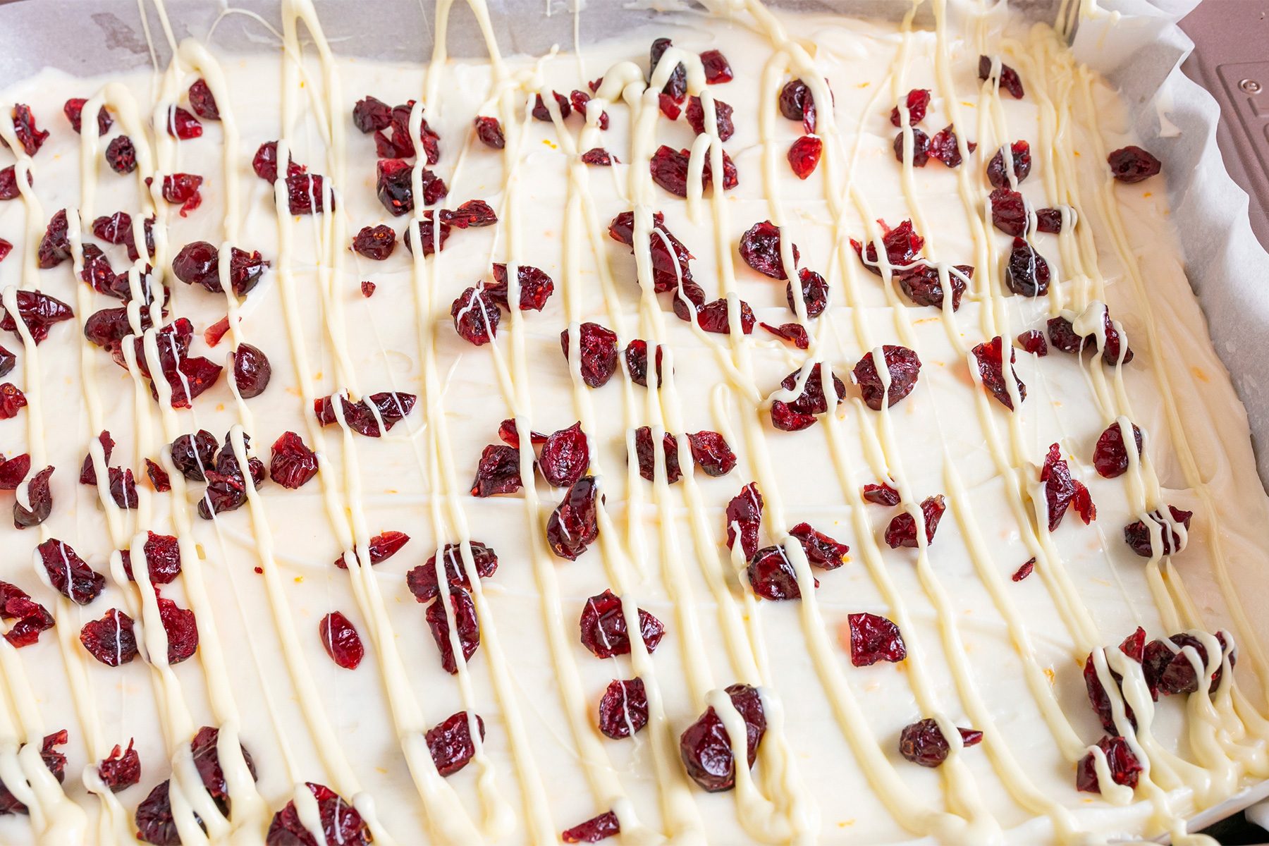A dessert topped with cream cheese frosting, drizzled with white chocolate, and sprinkled with dried cranberries.