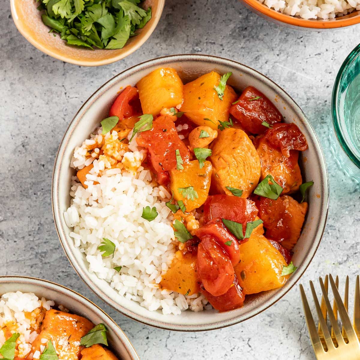 Caribbean Chicken with rice in a bowl