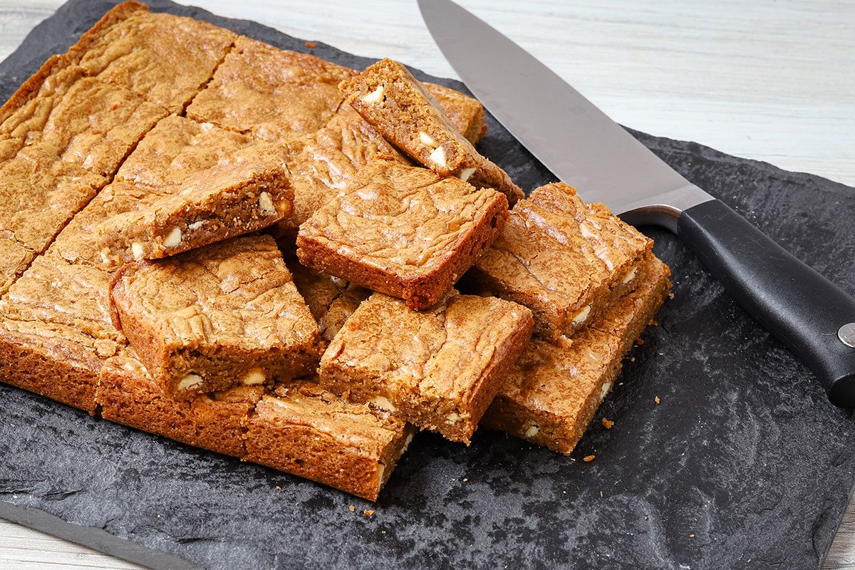 Gingerbread blondies sliced and ready to serve.