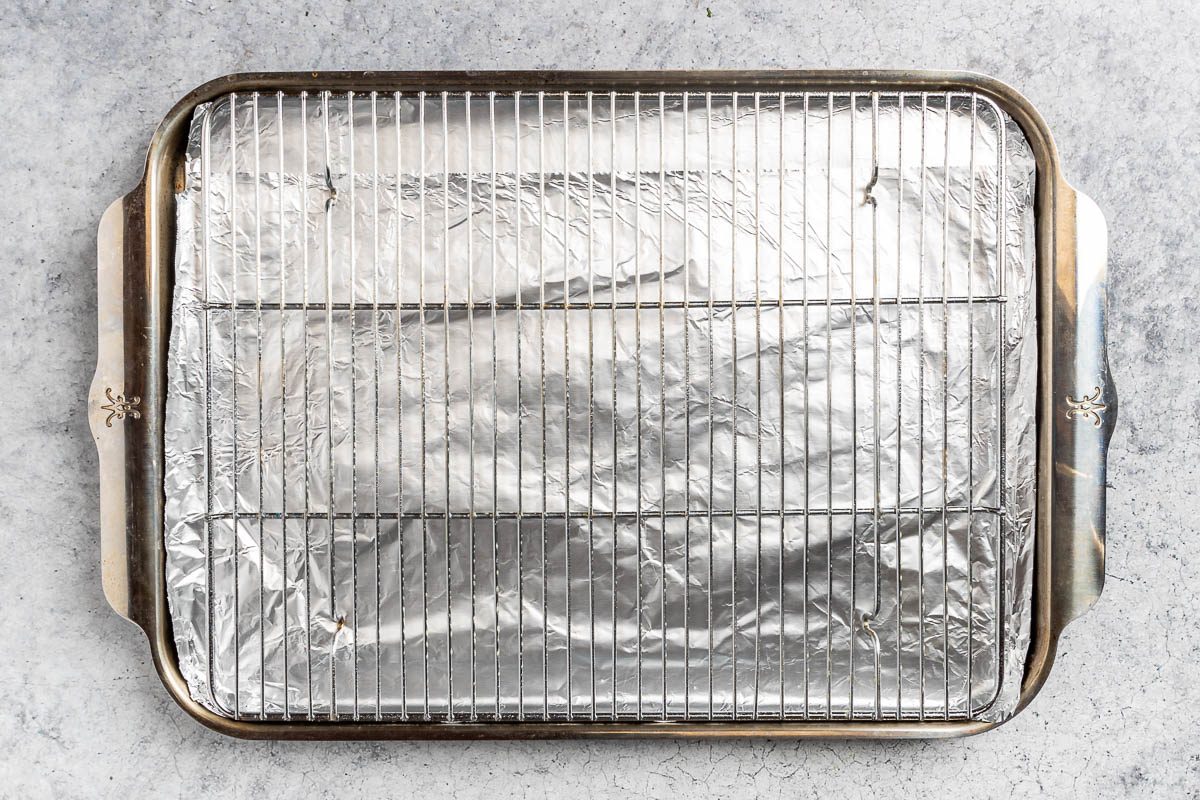 Taste of Home Gluten Free Meatballs recipe photo of preparing the sheet pan and rack.