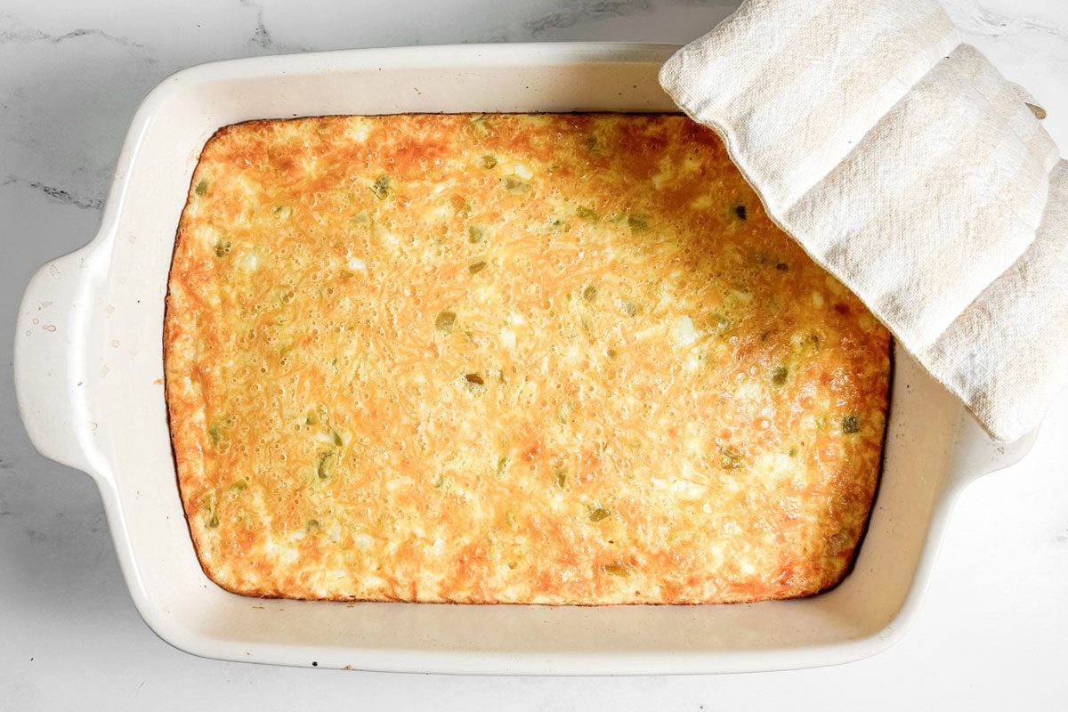 Taste of Home Green Chile Egg Casserole in a white baking dish