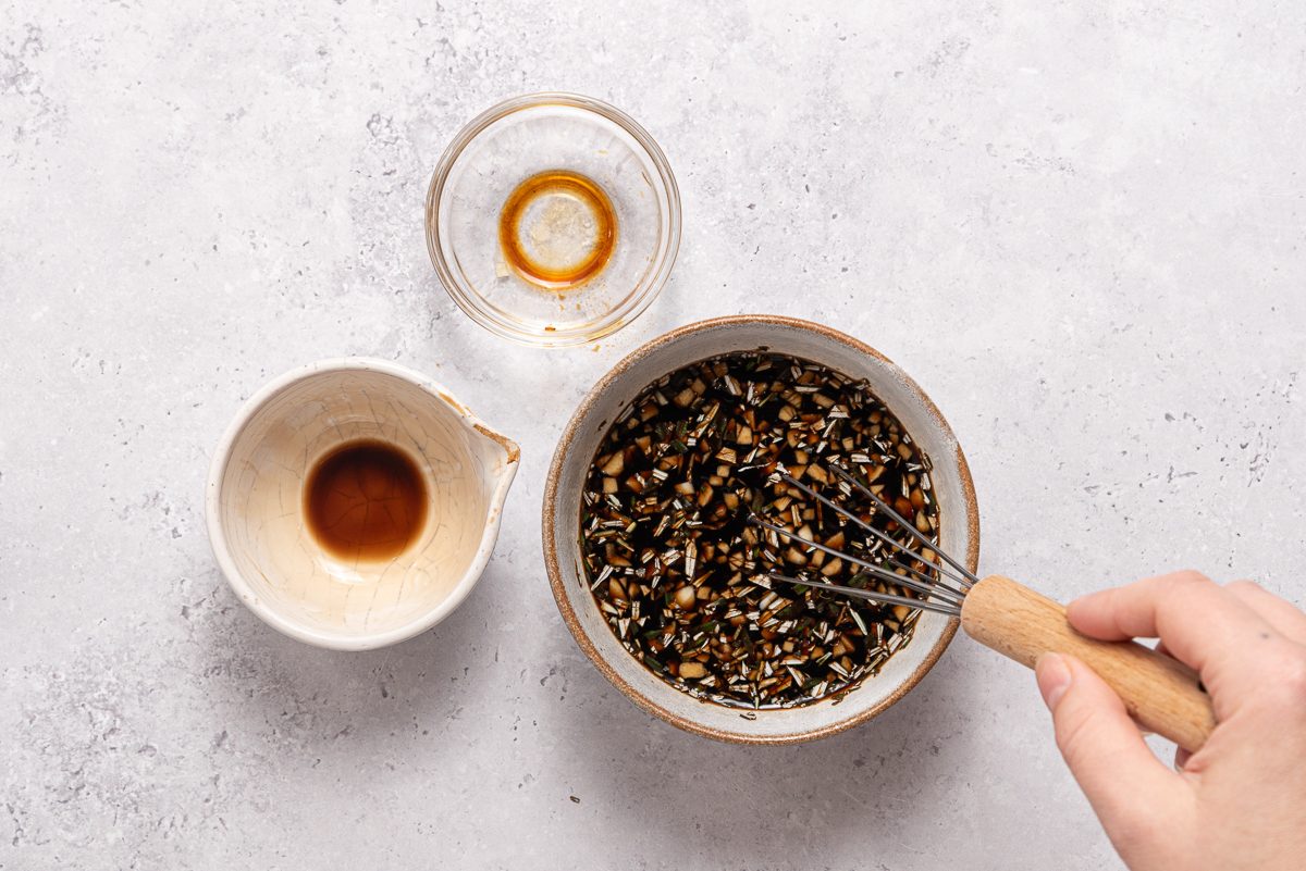 Soy Sauce, Vinegar, Garlic, Rosemary Mixed Inside Bowl