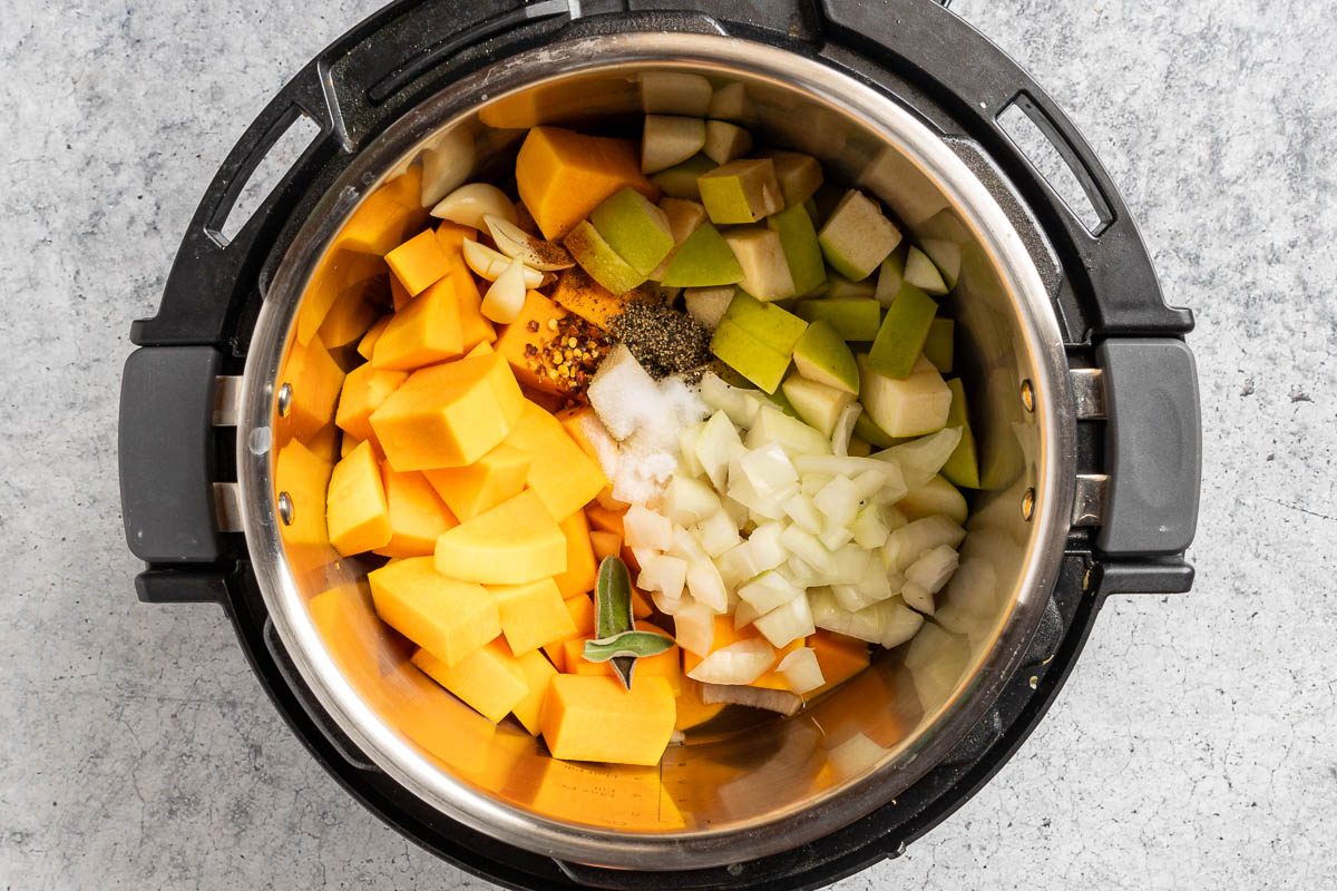 Taste of Home Butternut Squash Soup photo of all the ingredients in the Instant Pot.