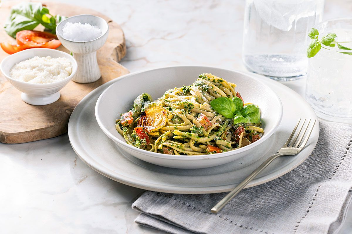 Kale Pesto Pasta served in a bowl