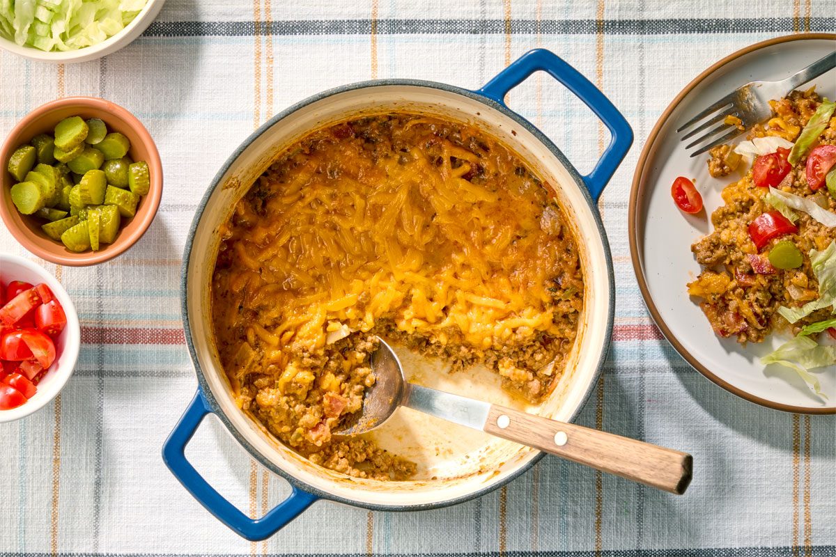 Overhead Shot Of Keto Cheeseburger Casserole