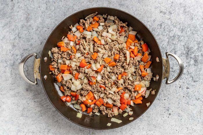 Taste of Home Keto Taco Casserole photo of the cooked beef, pepper, and onion.