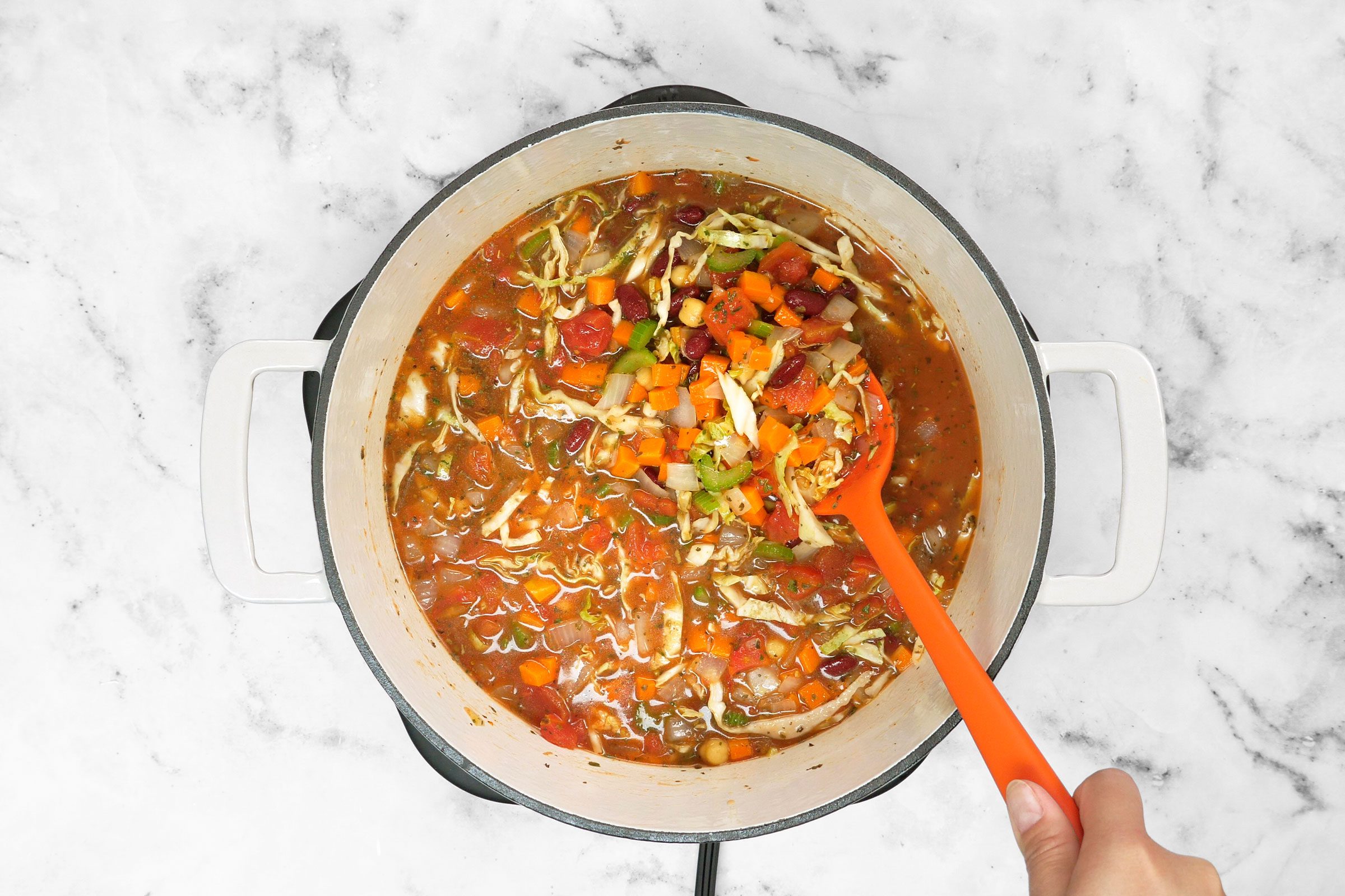 broth, tomato sauce, kidney beans, chickpeas, tomatoes (with juices), cabbage, basil, parsley, oregano and pepper added to the dish