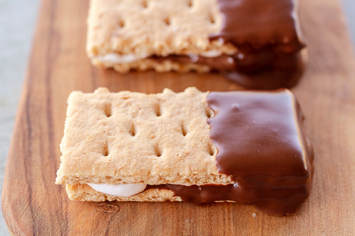 Mini S'mores graham crackers and marshmallow dipped in Chocolate
