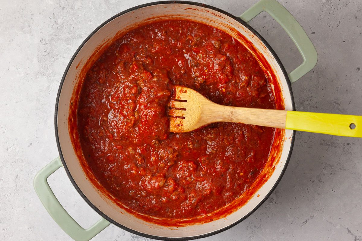 Step 3 of Taste of Home Pasta with Sausage & Peas is to add the remaining ingredients except the cream and peas