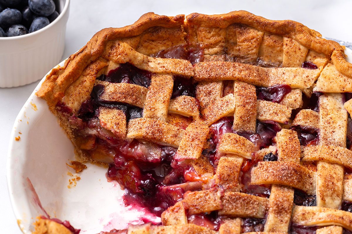 Close up of Sliced Peach and Blueberry Pie for Taste of Home