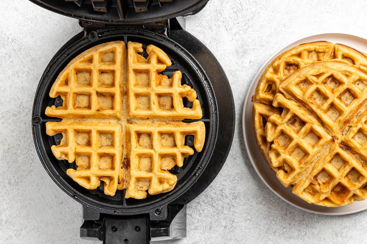 Peanut Butter and Banana Waffles in waffle iron