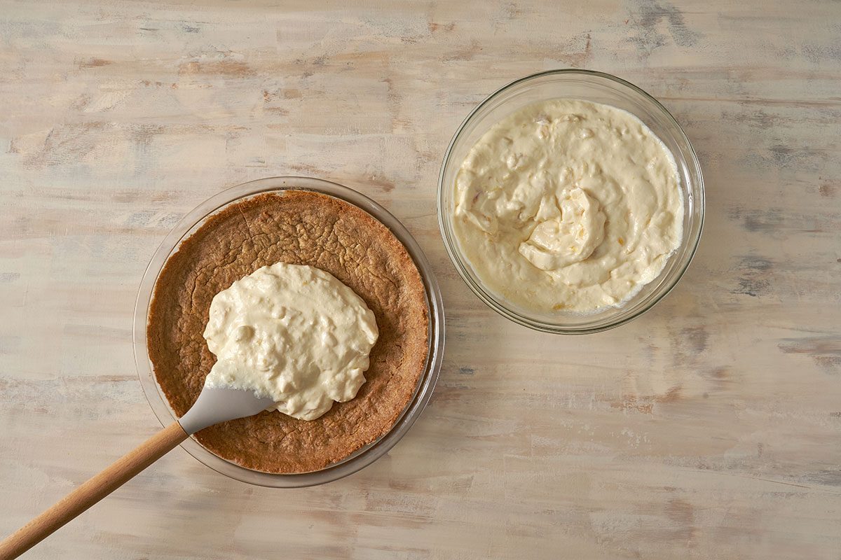 Pour the pineapple filling into a prepared graham cracker crust and refrigerate. Top the Pineapple Pie with toasted macadamia nuts and additional crushed pineapple, if desired, by Taste of Home.