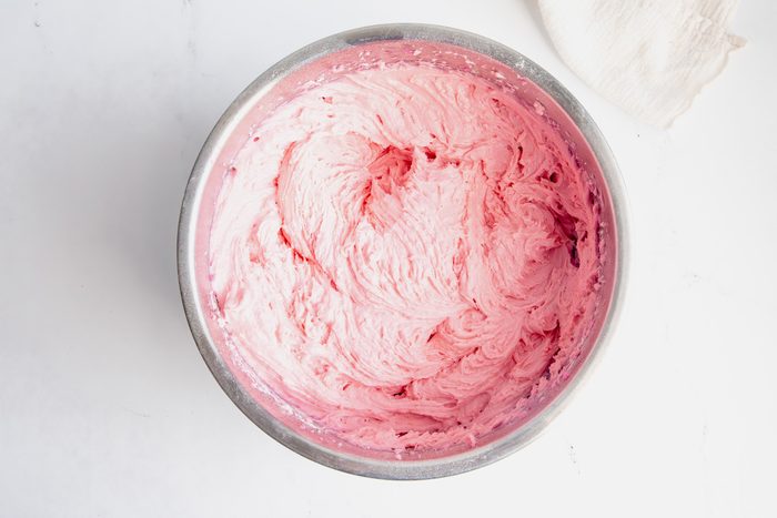 Overhead shot for Taste of Home Pink Cupcakes, wet and dry ingredients mixed together.