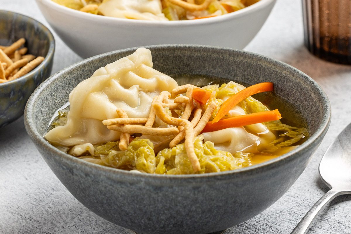Potsticker Soup finished recipe served in bowls.