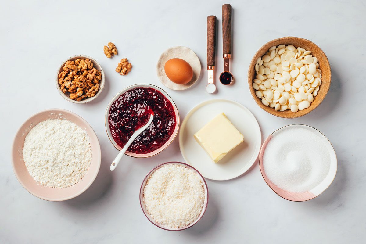 Ingredients for the raspberry bars with coconut in small ceramic recipients, recipe by Taste of Home
