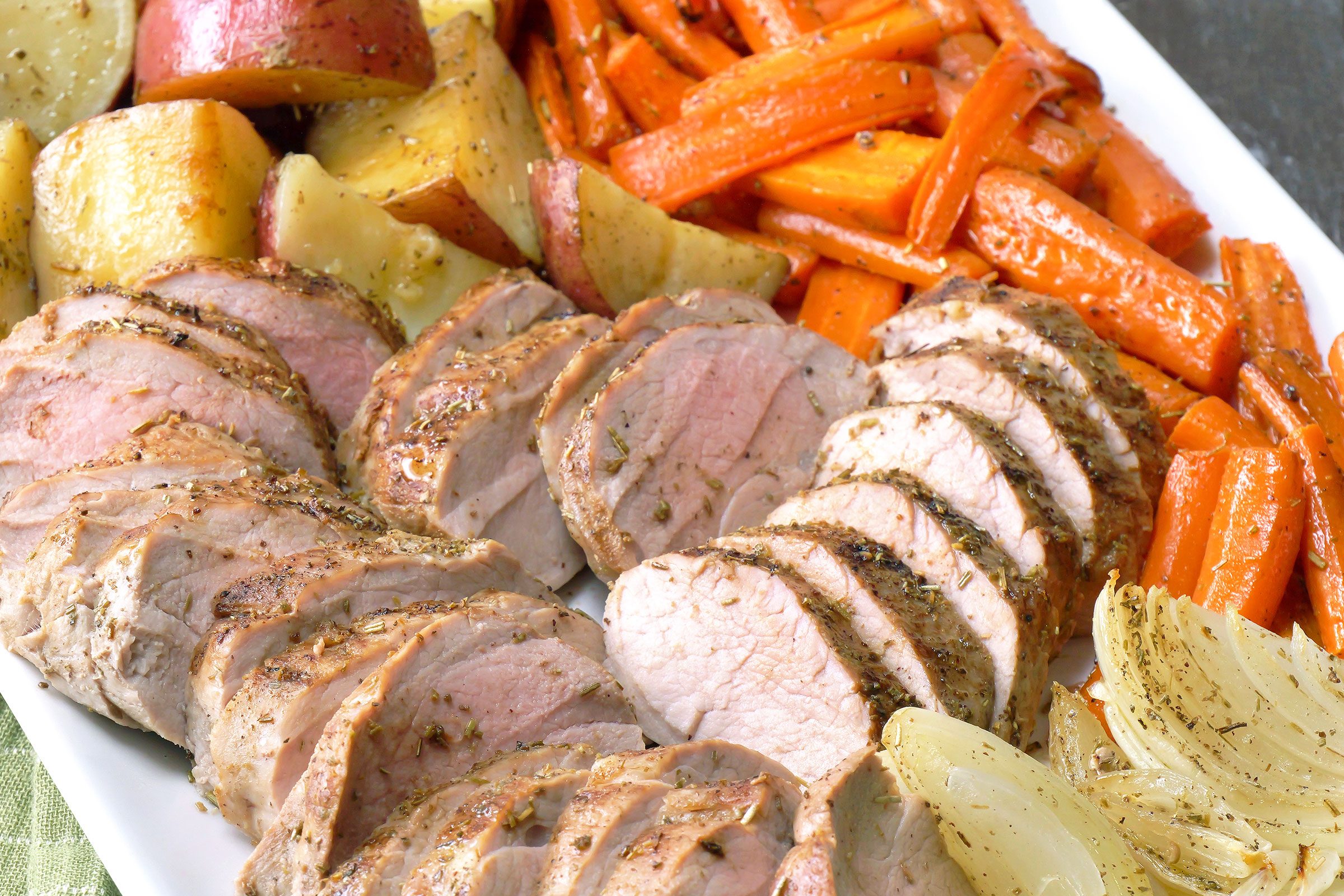 Close up shot of Roasted Pork Tenderloin served on a plate