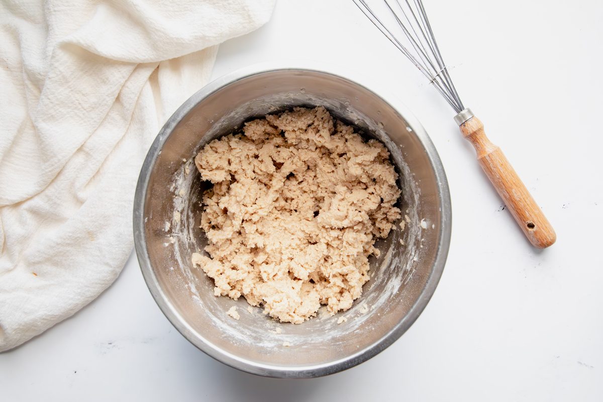 Overhead shot for Taste of Home Snickerdoodle Bars, crust ingredients in a bowl.