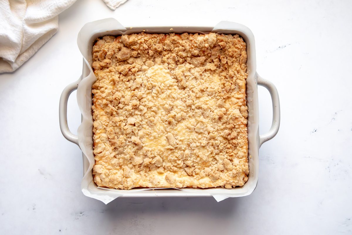 Overhead shot for Taste of Home Snickerdoodle Cheesecake Bars, after being baked.
