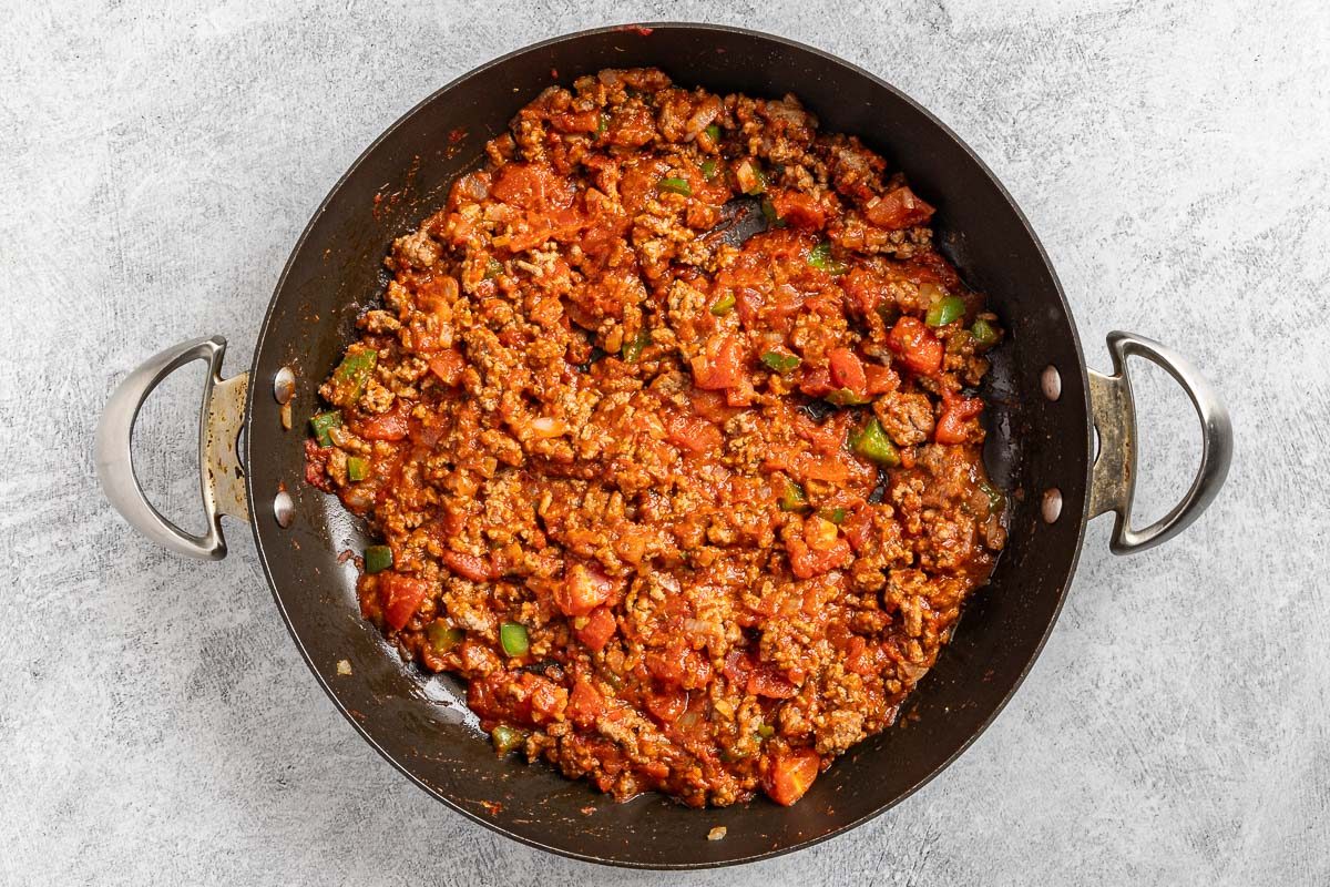 Taste of Home Spaghetti Pie photo of the cooked filling.
