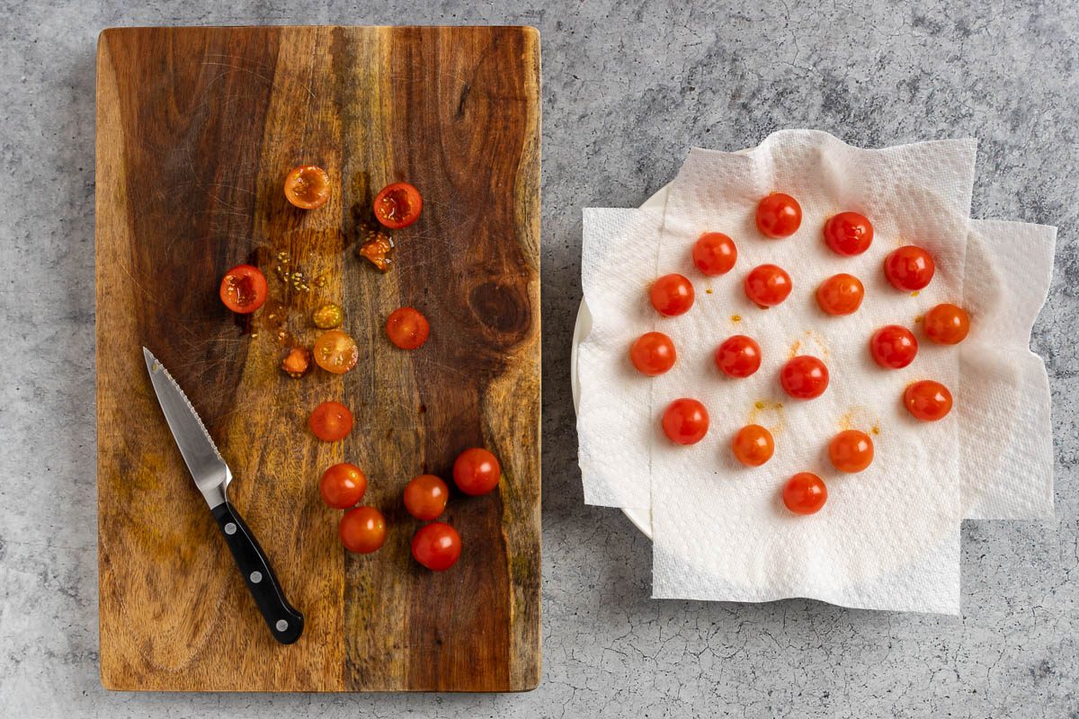 Taste of Home Stuffed Cherry Tomatoes photo of prepping the tomatoes.