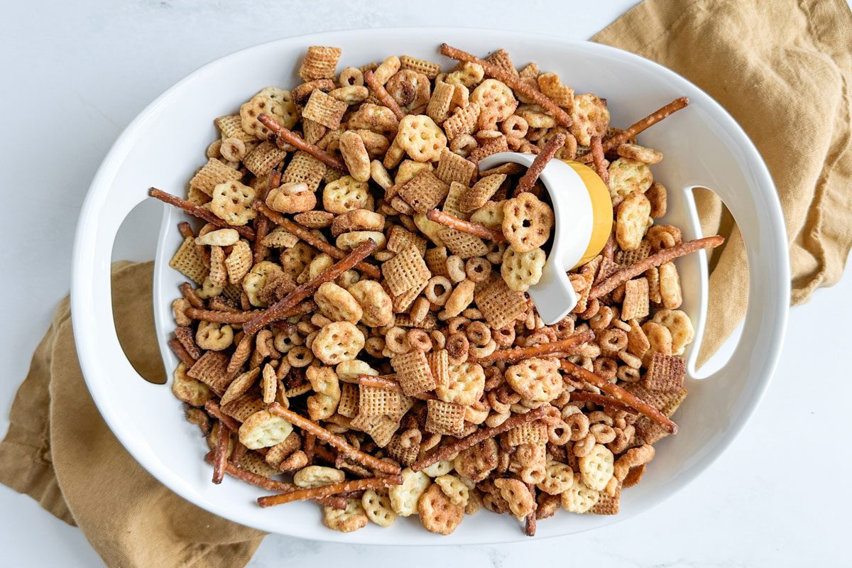 Taste of Home Sweet and Salty Chex Mix in a ceramic bowl