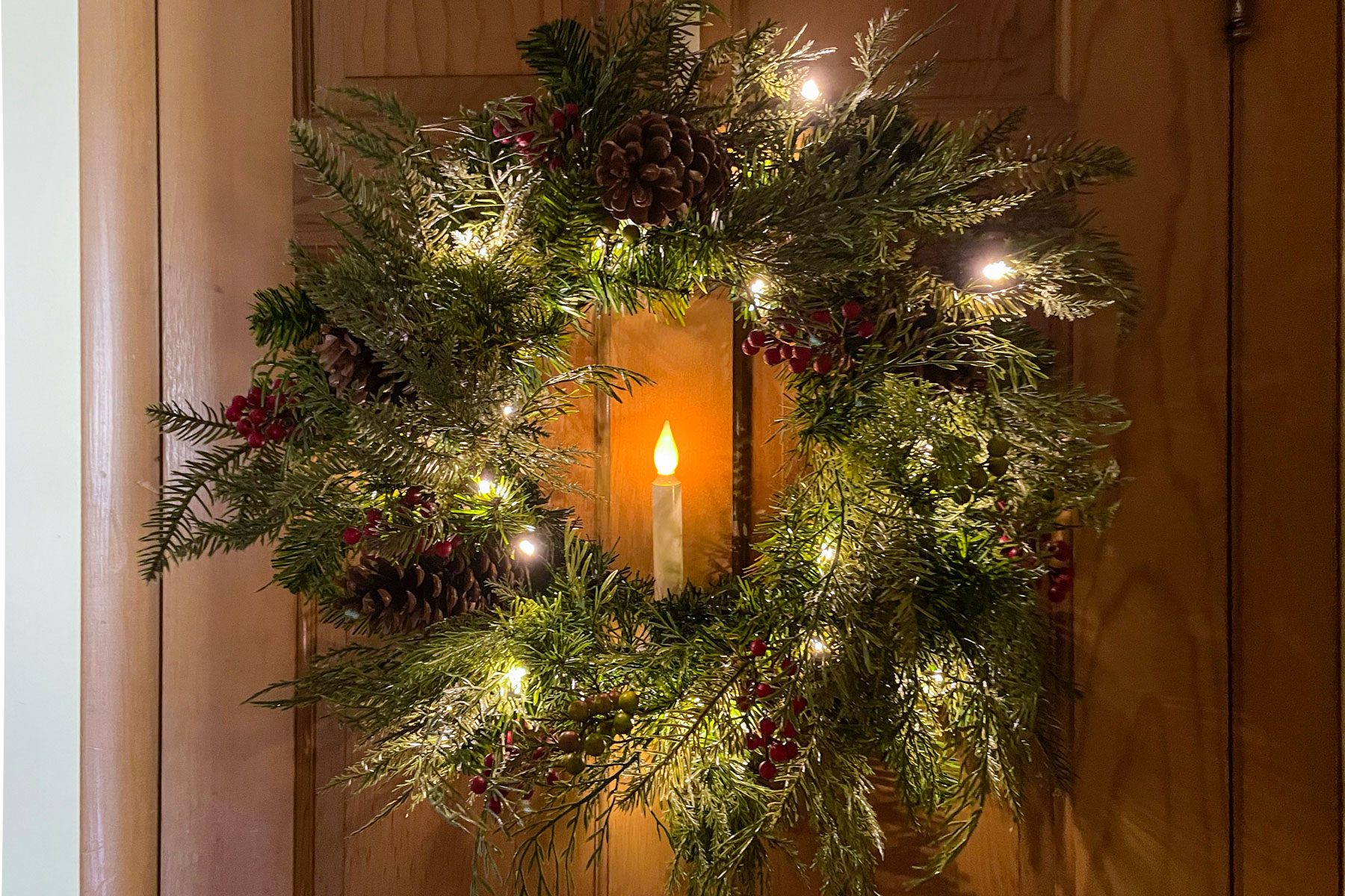 Balsam Hill Wreath with lights on