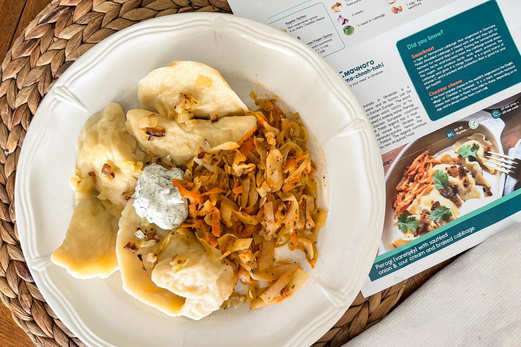 Eat2explore Cooking Kit instruction page with pierogi and cabbage.